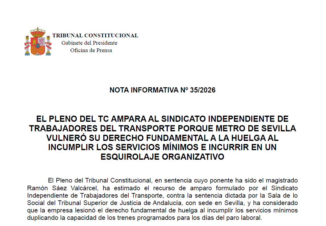 TConstitucionE's tweet photo. Nota de prensa | El Pleno del TC ampara al Sindicato Independiente de Trabajadores del Transporte porque Metro de Sevilla vulneró su derecho fundamental a la huelga al incumplir los servicios mínimos e incurrir en un esquirolaje organizativo https://t.co/mrDFBkcewe https://t.co/3mvg8i3cWw