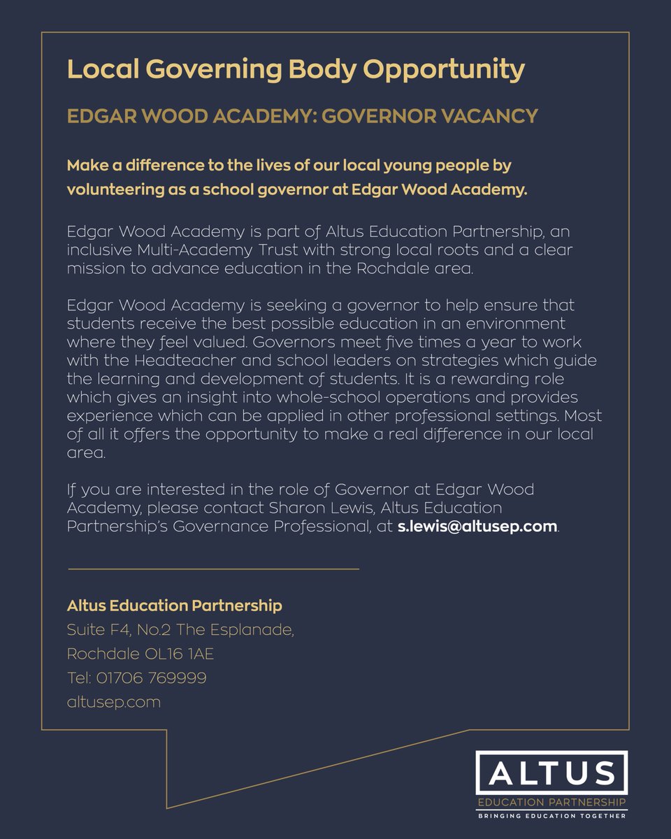AltusEducation's tweet photo. A unique and exciting opportunity has arisen at Edgar Wood Academy for a Governor to join their Local Governing Body. If you are interested and would like further discussions, please contact Sharon Lewis, Governance Professional on s.lewis@altusep.com https://t.co/eNs87zAYox