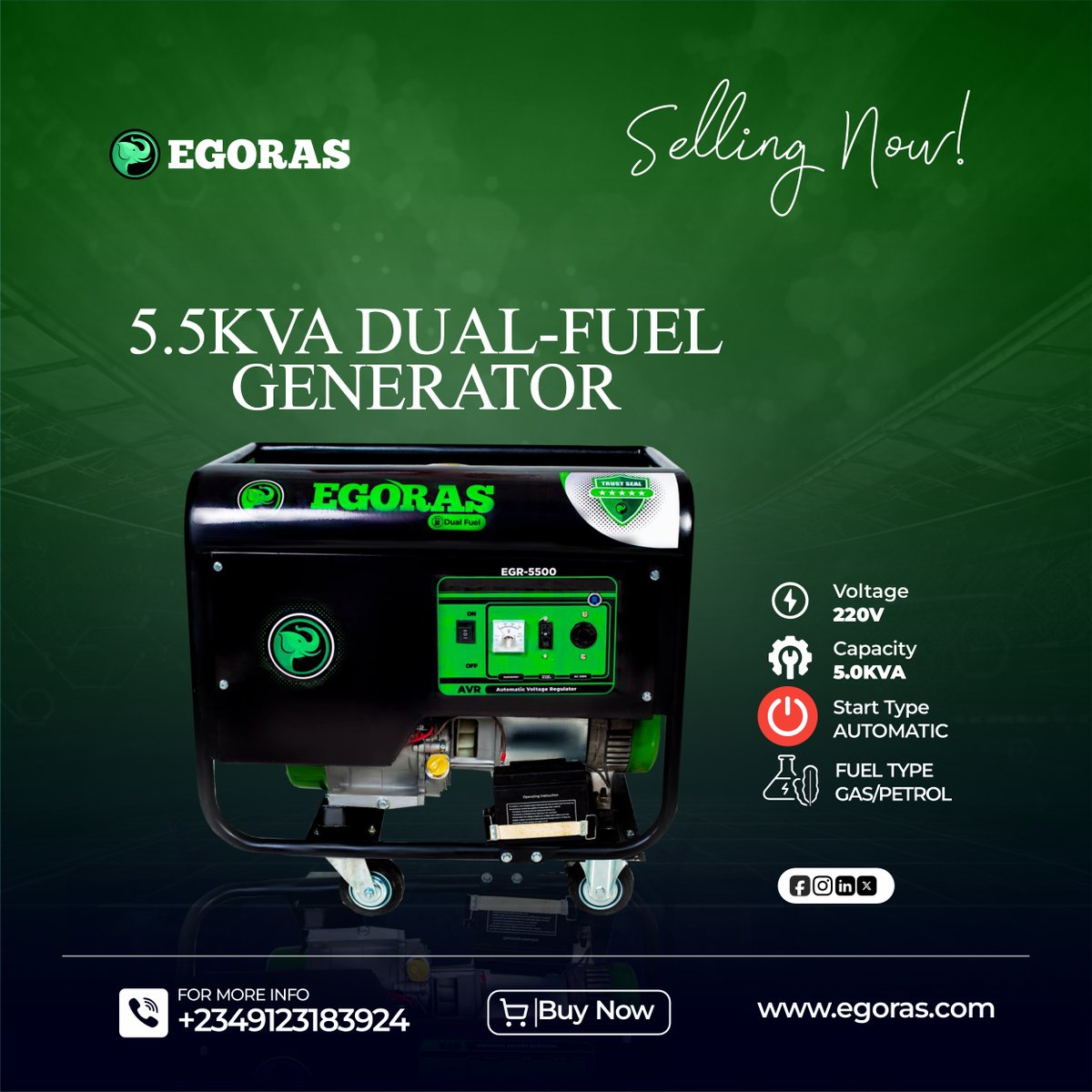 egorasHQ's tweet photo. Reliable power when you need it!

The Egoras 5.5KVA Dual-Fuel Generator runs on Petrol or Gas, giving a flexible, cost-effective energy.

✔ 5.5KVA Capacity
✔ Automatic Start
✔ 220V Output
✔ Rugged &amp; Durable
📞 +2349123183924
#Egoras #DualFuelGenerator #ReliablePower https://t.co/CDuRrAJ0LO
