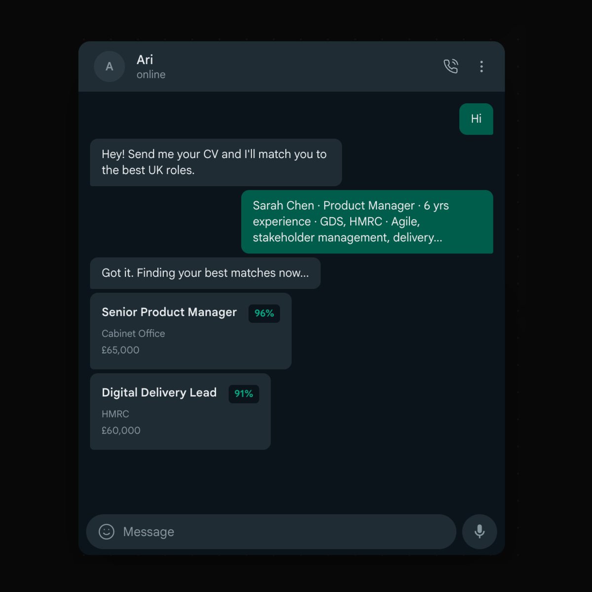 If you’re in the UK and currently job hunting, this might help.

You can chat on WhatsApp to find roles across tech, non-tech, admin, care, and more. Upload your CV, get matched with jobs, and ask questions about visa sponsorship, location, salary, etc.

Try it: