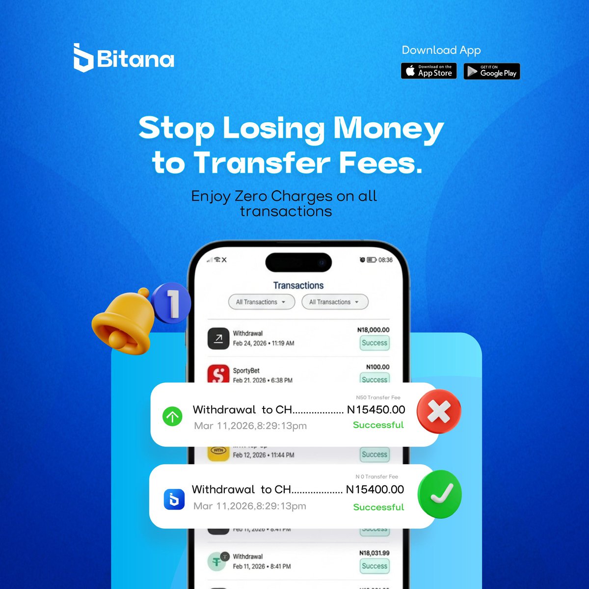 Bitana_official's tweet photo. Stop paying transfer fees, your money should stay your money.
With Bitana, every transaction comes with zero charges.๐
Trade. Withdraw. Repeat.
#UseBitana #ZeroFees https://t.co/1hT0YoqPq2