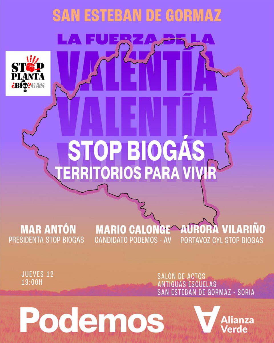 podemosSoria's tweet image. #STOPBioGas
Te esperamos esta tarde
🗓️ Jueves 12
⏰19:00h
🏫 Antiguas Escuelas
de S. Esteban de Gormaz
LA BURBUJA DEL #BIOGÁS
Participan:
👉🏻Mar Antón, Portavoz Estatal
👉🏻Aurora Vilariño Rpte. #CyL de la Plataforma #StopBiogás,
👉🏻 @mario_olvega candidato de @podemosSoria