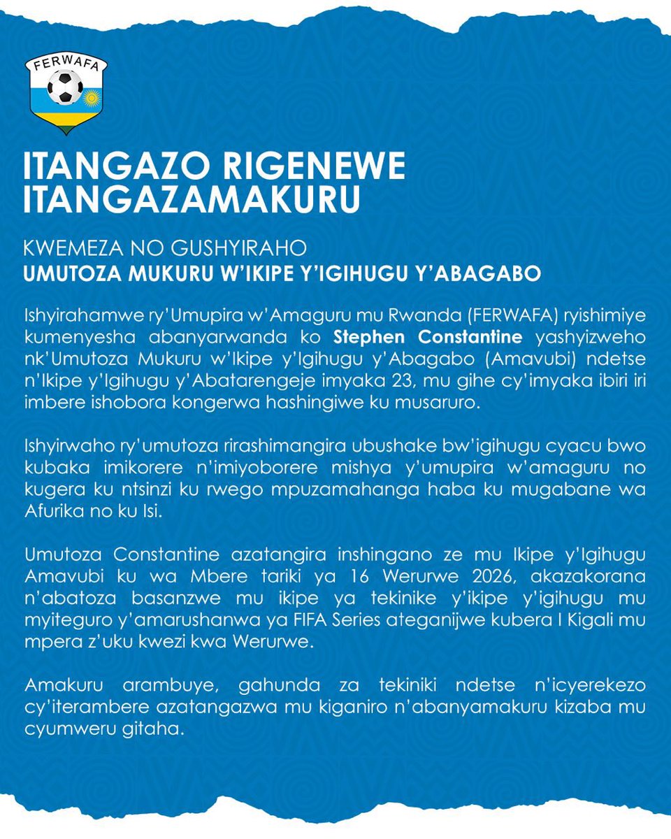 FERWAFA yemeje Stephane Constantine nk’umutoza mushya w’Amavubi mu gihe cy’imyaka 2 iri imbere, akazabifatanya no gutoza abatarengeje imyaka 23.

Constantine wigeze gutoza Amavubi, 2014-2015 azatangira imirimo tariki ya 16 Werurwe yitegura imikino ya FIFA Series izabera i Kigali.