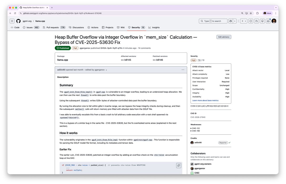 doing my part to make the ai ecosystem safer.

starting with llama.cpp 

Heap Overflow Bug identified using CFSE World Modeling. 

Just received : CVE-2026-27940 

one step at a time. 

thanks <a href="/ggerganov/">Georgi Gerganov</a> for prioritizing security and fixing at such light-speed 🙏