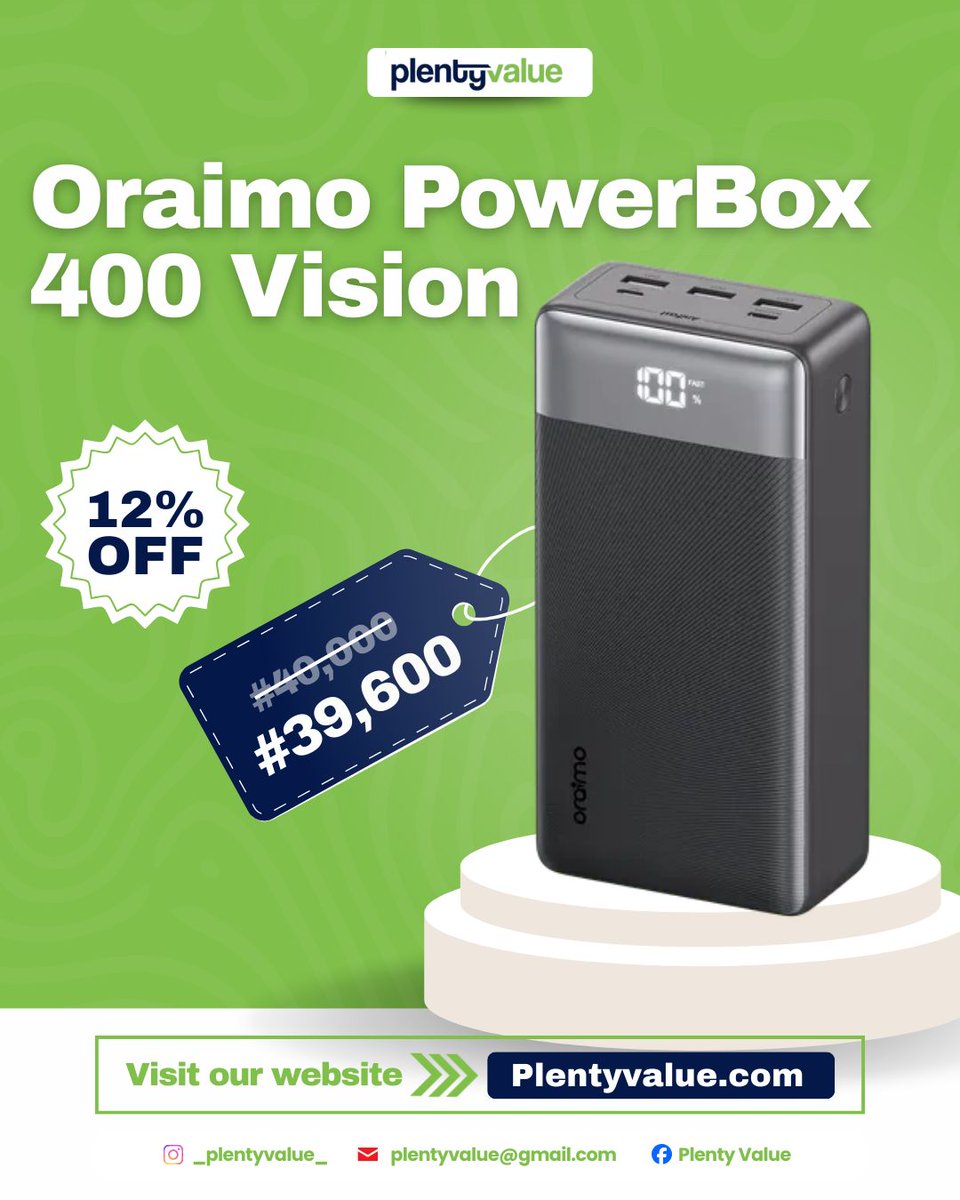 PlentyValue's tweet photo. We bring sweet deals your way🔥🔥

ORAIMO is offering 12% discount on the Oriamo Powerbox with 40,000mAh capacity 

Use the link to check out the deal https://t.co/yGP097Bors
Or visit our website 
https://t.co/o6a3kmt25c to see more deals like this 

#oriamo #oriamopowerbank https://t.co/M6EI5E4nr2