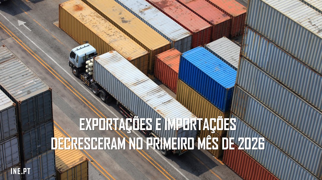 pt_INE's tweet image. Em janeiro de 2026, as exportações e as importações de bens registaram variações homólogas nominais de -14,1% e -2,5% (-0,2% e -2,4%, pela mesma ordem, em dezembro de 2025).
tinyurl.com/mthrv5na
#inept #destaquedoine #comérciointernacional