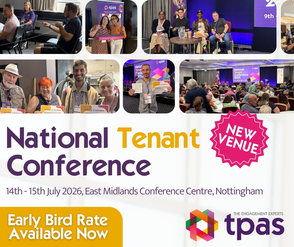 tpasengland's tweet photo. Use your 2025/26 learning budget to secure seats at the sector’s leading tenant engagement conference.

The early bird rate is available now

We'll be hosting you at a new venue:
The East Midlands Conference Centre, Nottingham
14th -15th July 2026
https://t.co/wABUeJjKc0 https://t.co/ihw5JNbEPs