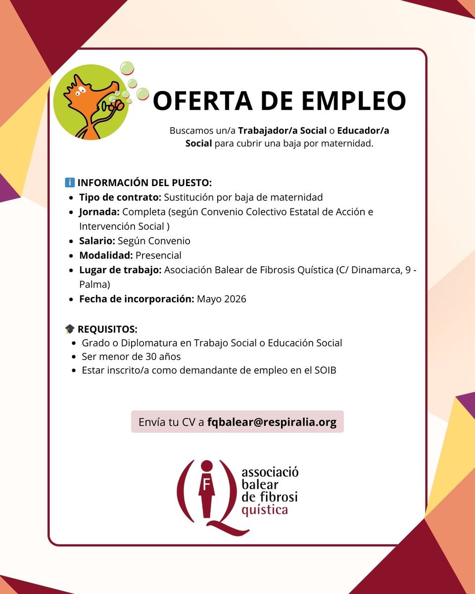 Respiralia's tweet photo. ⚠️𝗢𝗳𝗲𝗿𝘁𝗮 𝗱𝗲 𝗲𝗺𝗽𝗹𝗲𝗼
🔍Buscamos Trabajador/a o Educador/a Social para que forme parte del equipo de nuestra Asociación cubriendo una baja por maternidad

¿Te interesa? ➡️ ¡Contáctanos!

¿Conoces a alguien a quien pueda interesarle? 🔀 ¡Difunde el cartel! https://t.co/4LI5UnNklX