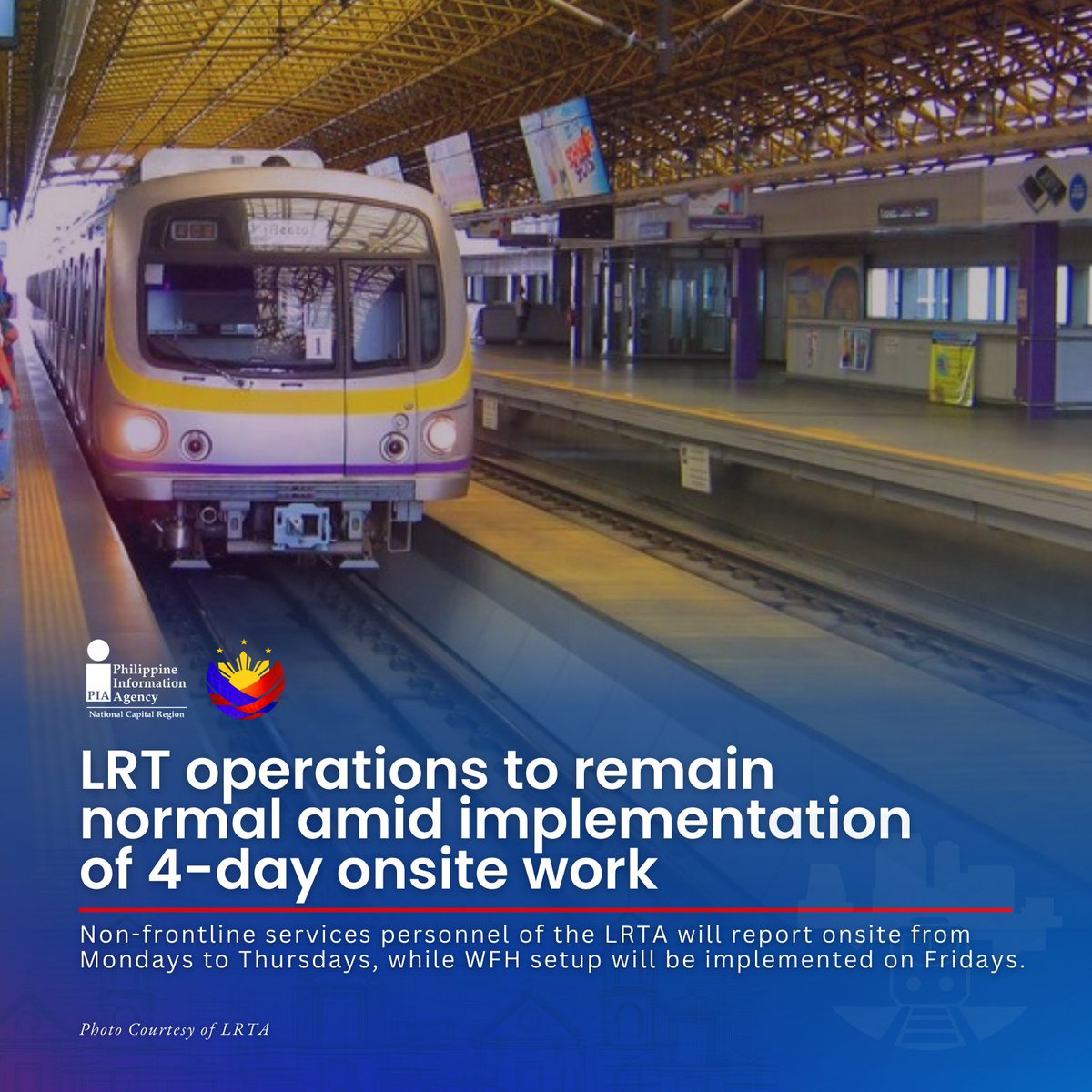 PIA_NCR's tweet image. The Light Rail Transit Authority (LRTA) guarantees normal and safe train services as it adopts a four-day onsite workweek to support government energy-saving efforts amid the Middle East conflict

#LRT #energyconservation #LRTA #publictransport #LRT2
