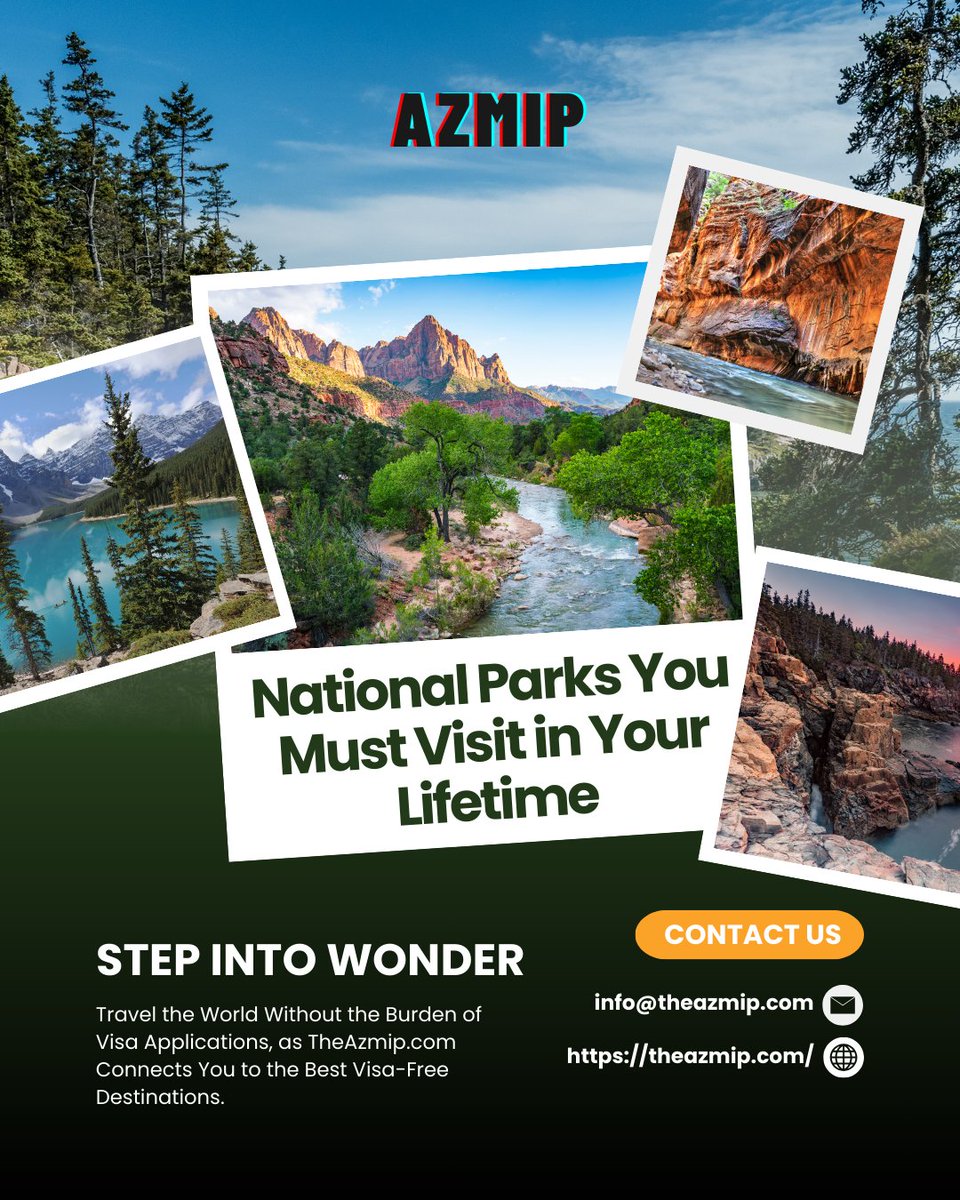 IAzmip's tweet image. National Parks You Must Visit in Your Lifetime | Azmip
Travel the World Without the Burden of Visa Applications, as TheAzmip.com Connects You to the Best Visa-Free Destinations.
#Azmip #TravelGoals #NationalParks #NatureLovers #AdventureAwaits #BucketListTravel