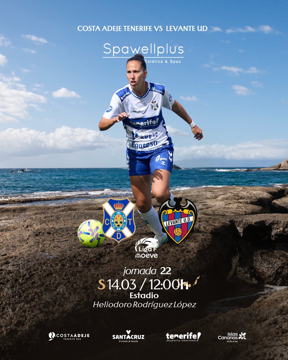 CDTFemenino's tweet photo. 🤍💙 |LIGA F|

Este sábado tenemos una cita en nuestra casa con el regreso de @LigaF_oficial 🏟️⚽️

⚔️ @LUDfemenino 
🗓️ Sábado 14 de marzo
🇮🇨  12:00 h 
🏟️ Heliodoro Rodríguez López
🤝 @spawellplus 
🎟️ https://t.co/ewu3H0SDAK
📺 @DAZN_ES 
📻 @atlantico_radio / @laradiocanaria 

#UnMismoLatido #CostaAdejeTenerife #CDTFemenino