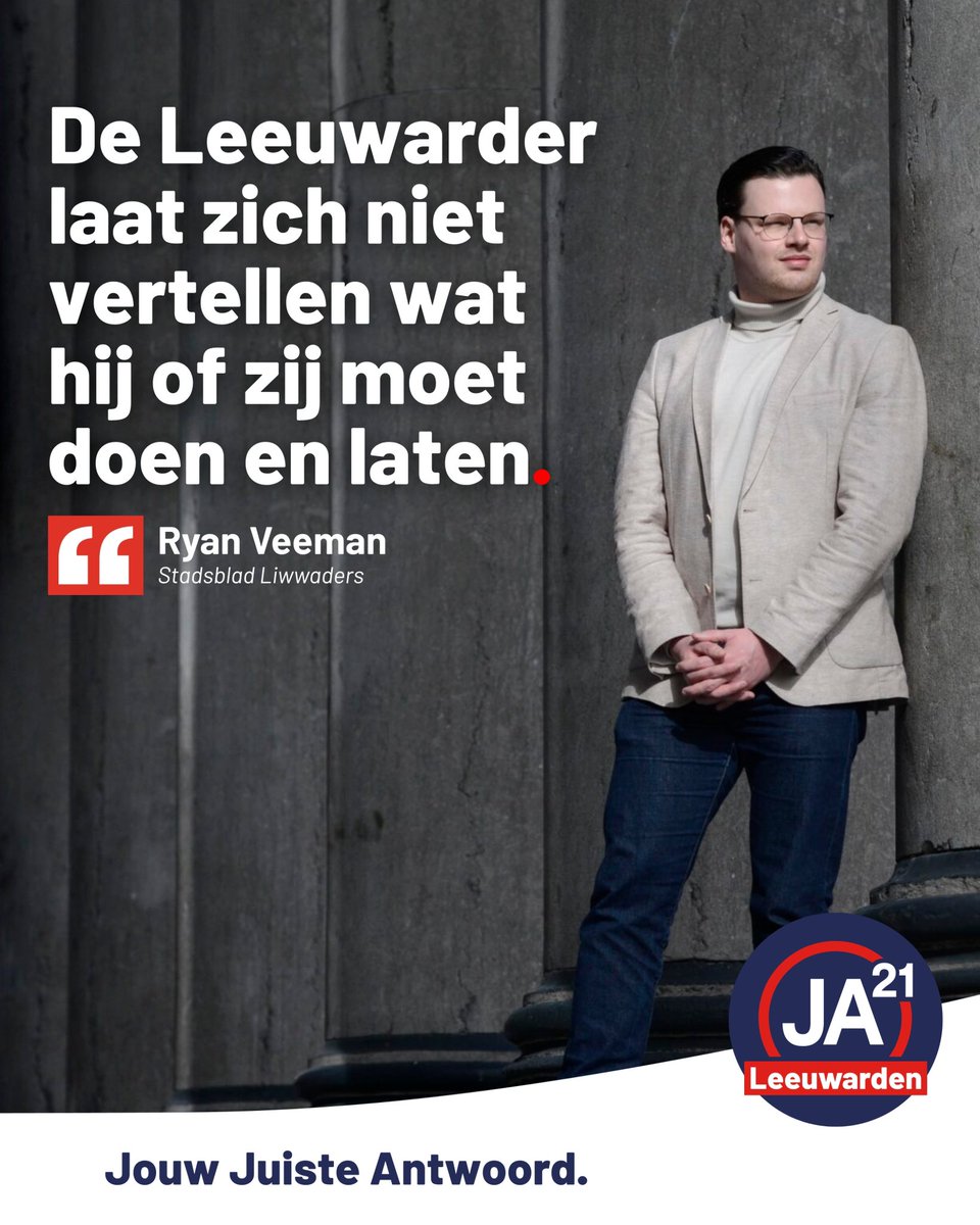JA21Leeuwarden's tweet photo. De Leeuwarder laat zich niet vertellen wat hij of zij moet doen, zegt onze lijsttrekker Ryan Veeman in Stadsblad Liwwadders.

#JA21 kiest voor vertrouwen in inwoners. Minder betutteling, minder regels en een gemeente die faciliteert. Geef mensen de ruimte om zelf keuzes te maken. https://t.co/QBDKlukNJ3