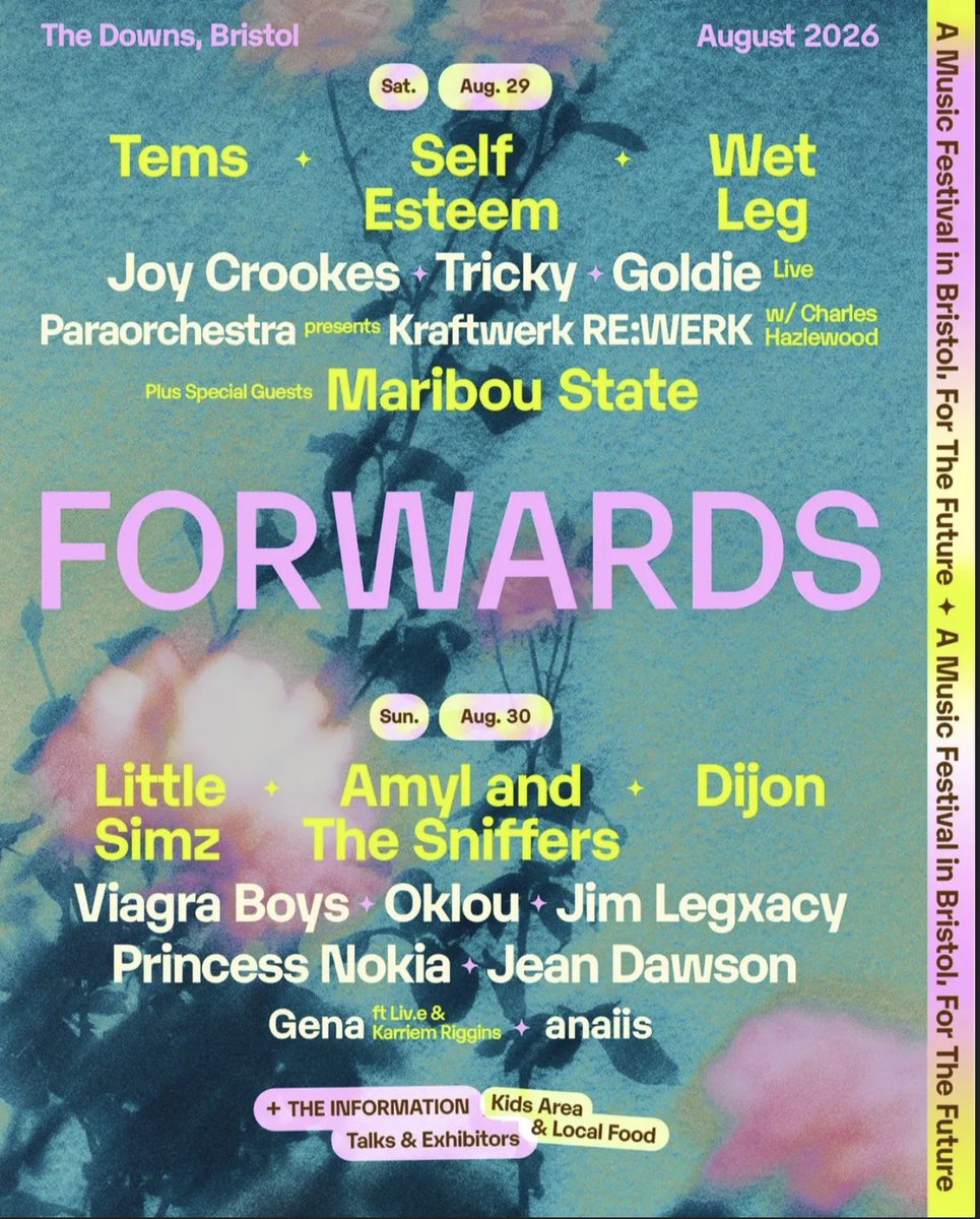 LeaksTour_eu's tweet image. 🇬🇧 | @ForwardsBristol has announced! 

The 2026 lineup is officially completed!
Here are a full lineup guys! 

1st Day 

• Lorde
• Djo 
• Esha Tewari

2nd day

• Tems 
• Wet Leg 
• Maribou State

3rd day

• Amyl &amp;amp; The Sniffers
• Dijon 
• Little Simz 

+ #more