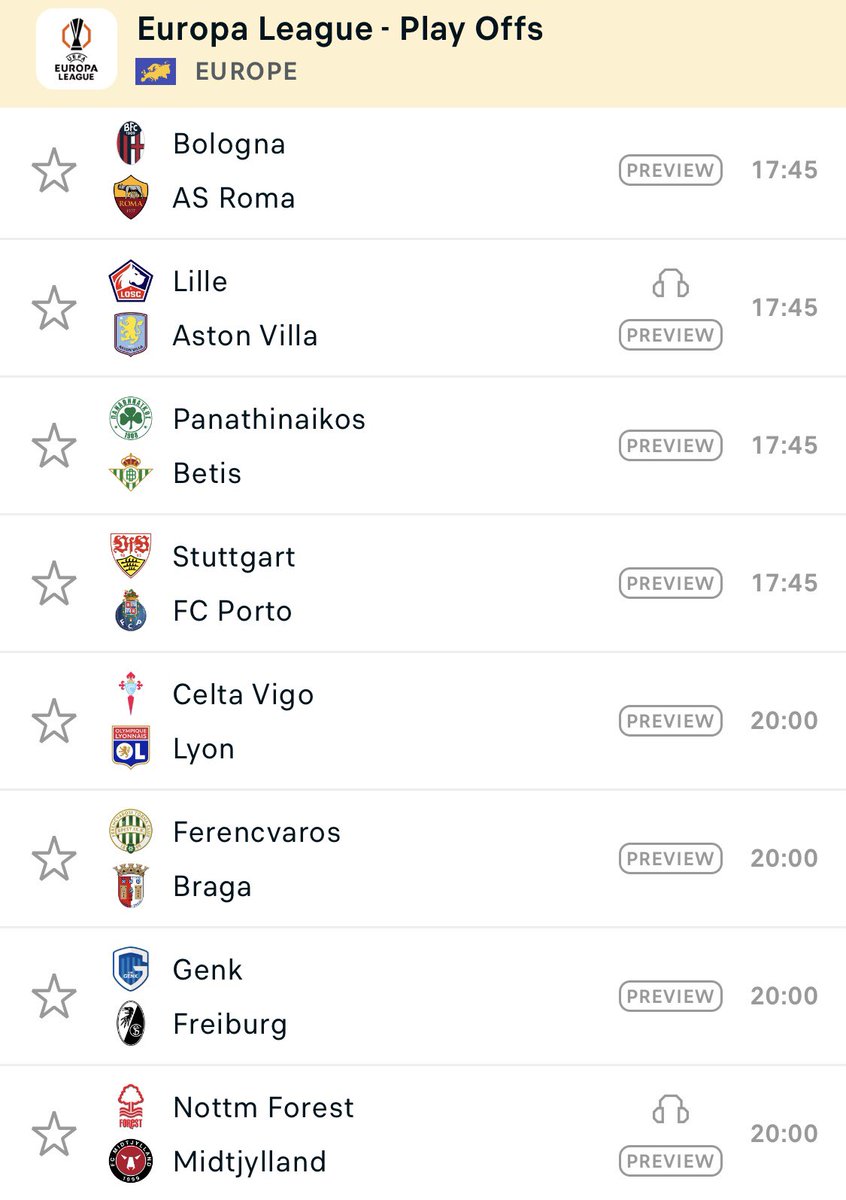 TheMatchdayMan's tweet photo. The #UEL is back. The winner's in here, somewhere.
It still feels as open a competition as it was when we started. You might fancy a Lyon v Villa final, but a lot needs to go right for that to happen.

-All-Italian clash starts at the Renato Dall'Ara.

-Immediate test for Aston Villa 🏴󠁧󠁢󠁥󠁮󠁧󠁿 in the knockouts. Memories of the Conference League Quarters just 2 years ago, where they just edged past Lille OSC 🇫🇷 on penalties.

-Benítez goes after a scalp. A first chance to see if Real Betis 🇪🇸 are still at the knockout round standards of last season.

-Farioli's almost all-conquering FC Porto 🇵🇹 don't get a nice smooth start to thwir campaign post the League Phase.

-Table toppers Olympique Lyonnais 🇫🇷have recently lost their strong winning run, but still have an active one in Europe. Celta de Vigo 🇪🇸 away is a Iago Aspas 🇪🇸 banana skin in waiting though...

-Lovely pair of outsiders clashing in Budapest. Ferencváros 🇭🇺 here after their latest beating of Ludogorets, SC Braga 🇵🇹, a quintiessential Europa League side, and a League Phase finish to be pleased with.

-Genk 🇧🇪 v SC Freiburg 🇩🇪 could be the underrated tie of the round. Belgians gone quietly about their business this campaign, little difference between these two in the League Phase table...

-Finally, a rematch at the City Ground. Have Nottingham Forest 🏴󠁧󠁢󠁥󠁮󠁧󠁿 learnt from the errors of Matchday 2? Danger of the media again ignoring just how good this FC Midtjylland 🇩🇰 team is...