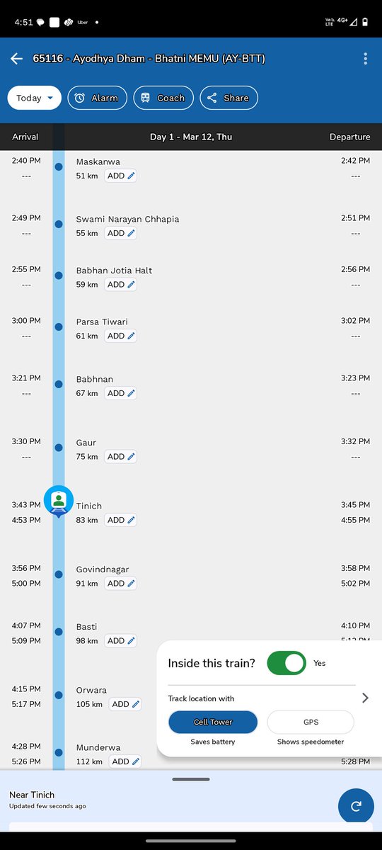 pdst_2007's tweet photo. This is a special train run by the UP government for Ayodhya Dham Train no: 65116 and the below shared image shows how punctual this train is. The actual time for this train to reach Bhatni is 9.45PM but not even the signal it reaches on time for proof chk images #irctc #yogiji https://t.co/NiVhRQbeRD