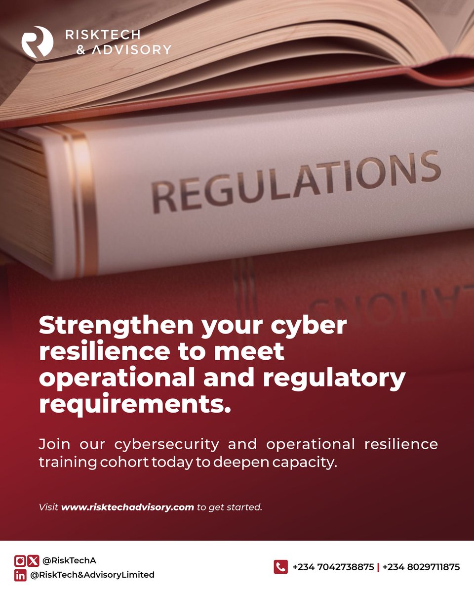 RisktechA's tweet photo. Navigating the complexities of modern cyber regulations requires expert guidance.

We equip leaders, executives, employees, risk professionals, compliance teams, and Boards of Directors with the knowledge to lead through digital disruption. https://t.co/alEDUz3qMn