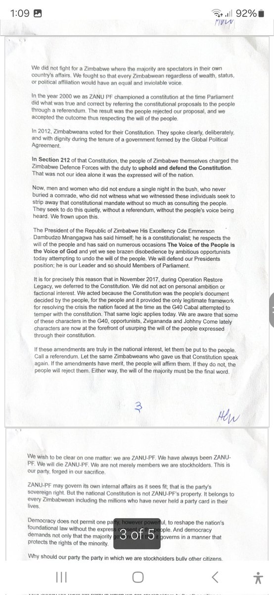 SajeniMapuranga's tweet photo. THE PEOPLE'S CONSTITUTION MUST RETURN TO THE PEOPLE

I write in full solidarity with the courageous and principled position taken by my fellow retired generals, air marshals, and ex-combatants, ably represented by Retired Air Marshal Henry Muchena, in their letter to the Parliament of Zimbabwe. Their call is not merely procedural. It is a call rooted in history, in blood, in the very foundational grammar of the liberation struggle that brought this nation into being. I add my voice  loudly and without reservation to that call: Constitutional Amendment Bill 3 of 2026 must be submitted to the people of Zimbabwe in a national referendum.

I)Power Derives From The People  This Is Not Rhetoric, It Is Our Creed
In ZANU-PF, we have never wavered on this principle power belongs to the people. This is not a slogan borrowed from foreign textbooks. It is the conclusion drawn from the barrel of the gun, from the training camps of Mozambique and Tanzania, from the village meetings where the masses gave us their mandate to fight. The liberation struggle was prosecuted in the name of the people and only ever in their name.

It therefore follows, with the force of an iron law, that any fundamental restructuring of the constitutional architecture of this Republic including how its President is elected must return to those same people for their express approval. This is not optional. This is non-negotiable. Anything less is a betrayal of everything we claimed to be fighting for.

II. We Have Been Here Before  And We Accepted The People's Verdict
My colleagues correctly remind Parliament of the constitutional commission process of 2000. Let the record be clear: that process was our brainchild. We invested in it politically and institutionally. We believed in the document that emerged from that consultative process. And when the people of Zimbabwe went to the polls in February 2000 and voted NO they rejected it.

We did not overturn that result. We did not circumvent it. We did not send it back to a parliamentary committee to be quietly repackaged. We accepted the people's will because that is what democracy demands. That was democracy at its most honest: uncomfortable, inconvenient, and entirely correct.

Those who now seek to amend the constitution through Parliament alone  bypassing the very people who own it should ask themselves: are they more committed to democratic principle than the generals of 2000? Because we set the standard, and we held ourselves to it.

III. Parliamentary Voting on Presidential Selection Is A Return to Ian Smith's Qualified Suffrage
We went to war, in significant part, because of the obscenity of qualified suffrage a system in which a select, privileged few voted on behalf of the many. Ian Smith's Rhodesia operated on precisely this principle: that the masses were not fit to determine their own political destiny, that their votes could be mediated, filtered, and substituted by those deemed more qualified.

We find it deeply troubling and frankly, morally nauseating that any proposal should now emerge, under a ZANU-PF government, which would strip 17 million Zimbabweans of their right to directly elect their President, and vest that power in 280 Members of Parliament. What are 280 MPs in the face of 17 million citizens? They are a small, selected subset and their vote, however procedurally valid, cannot substitute for the voice of the nation.

Universal suffrage one man, one vote was the war cry. It was the promise we made to the masses when we asked them to feed us, hide us, and die alongside us. To now engineer a system that effectively cancels that promise through constitutional sleight of hand is to betray the graves of every freedom fighter who gave their life for this principle.
