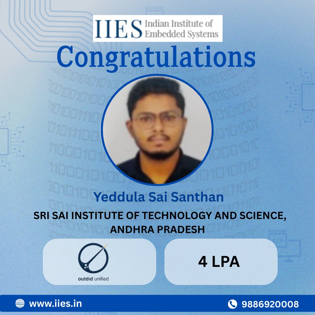 IIES_Bangalore's tweet photo. Best Embedded Systems Course in Bangalore with Placement! 🎓

🎉 Congratulations to Yeddula Sai Santhan on securing a placement at Outdid Unified Pvt Ltd after completing training at IIES!

📞 Call: +91 9886920008
🌐 Visit: https://t.co/0kYThxfuly

#BestEmbeddedSystemsCourse https://t.co/k9ttnC8HCe