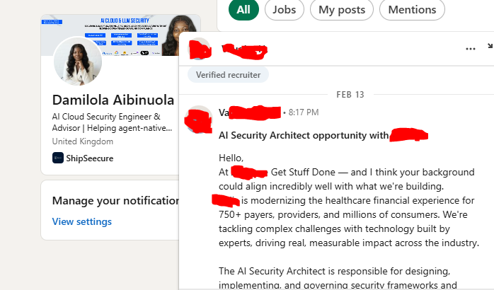 I know the #CyberSecurity  job market is crazy and truth be told and I've had my own fair share of that reality. But this year alone, I've had 3 recruiters slide into my LinkedIn DMs(AI Security Architect, AI Cloud Security Engineer, AI Security Professional) without sending a