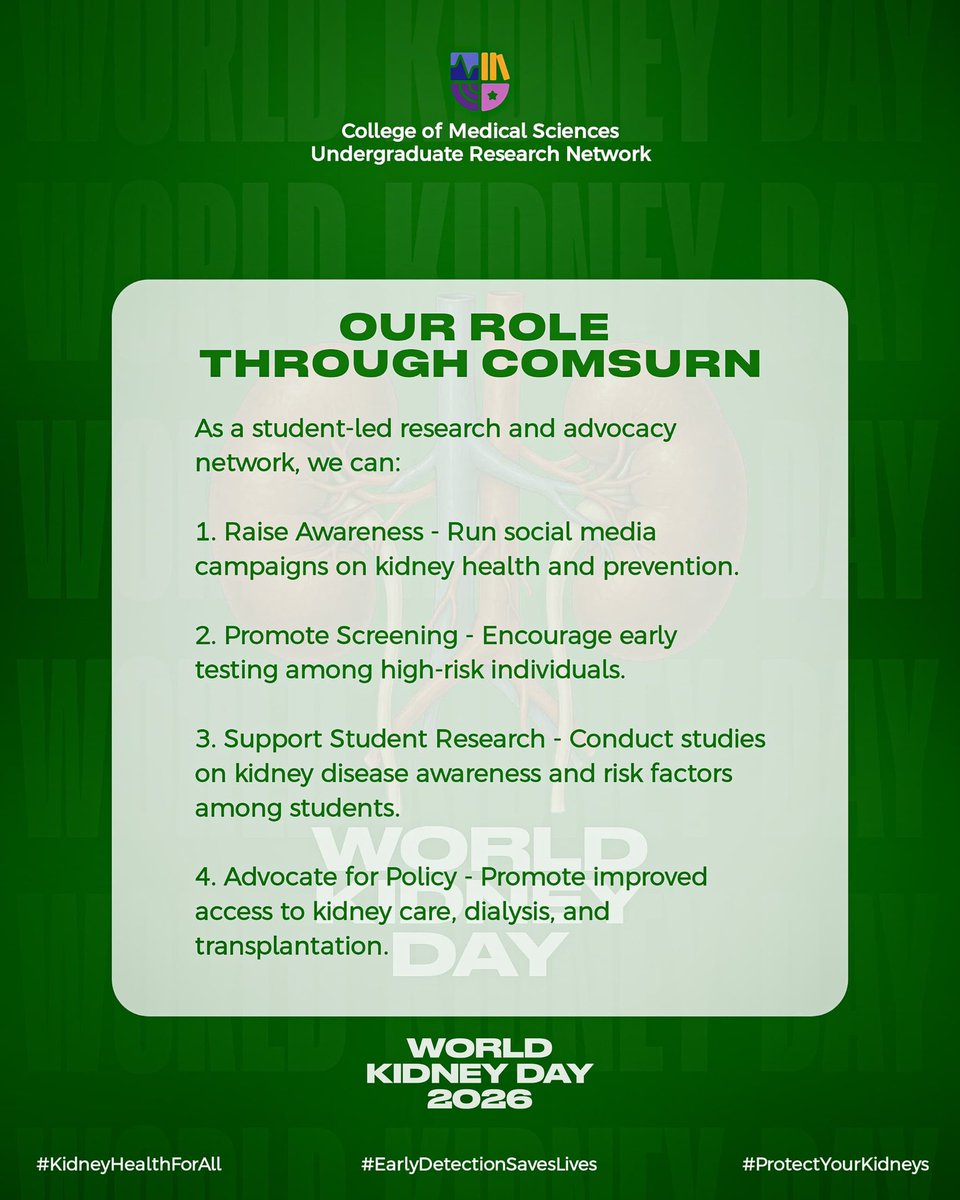 comsurn_benin's tweet photo. Kidney disease affects 1 in 10 people worldwide. Many cases progress silently until it’s too late. 

Early testing, prevention, and care can save lives. 

Protect your kidneys and protect the planet. 🌍💧
#WorldKidneyDay #KidneyHealthForAll #KidneyAwareness https://t.co/dQ7cMHsTJW