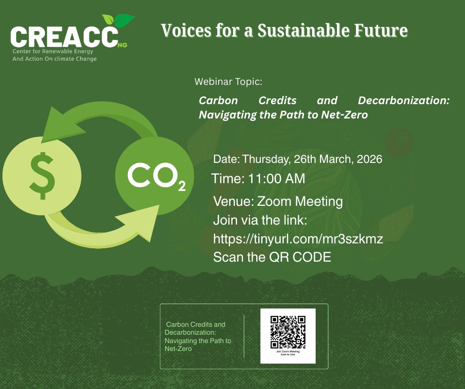<a href="/creaccng/">CREACC NG</a> is hosting Driving the Net-Zero Transition: A Conversation on Carbon Markets webinar

Date: 26th March, 2026
Venue: Zoom
Time: 11:00 am WAT
Link for Registration: us06web.zoom.us/j/85733291355?…

#ClimateAction #CarbonMarkets #NetZero #RenewableEnergy #Sustainability #CREACC