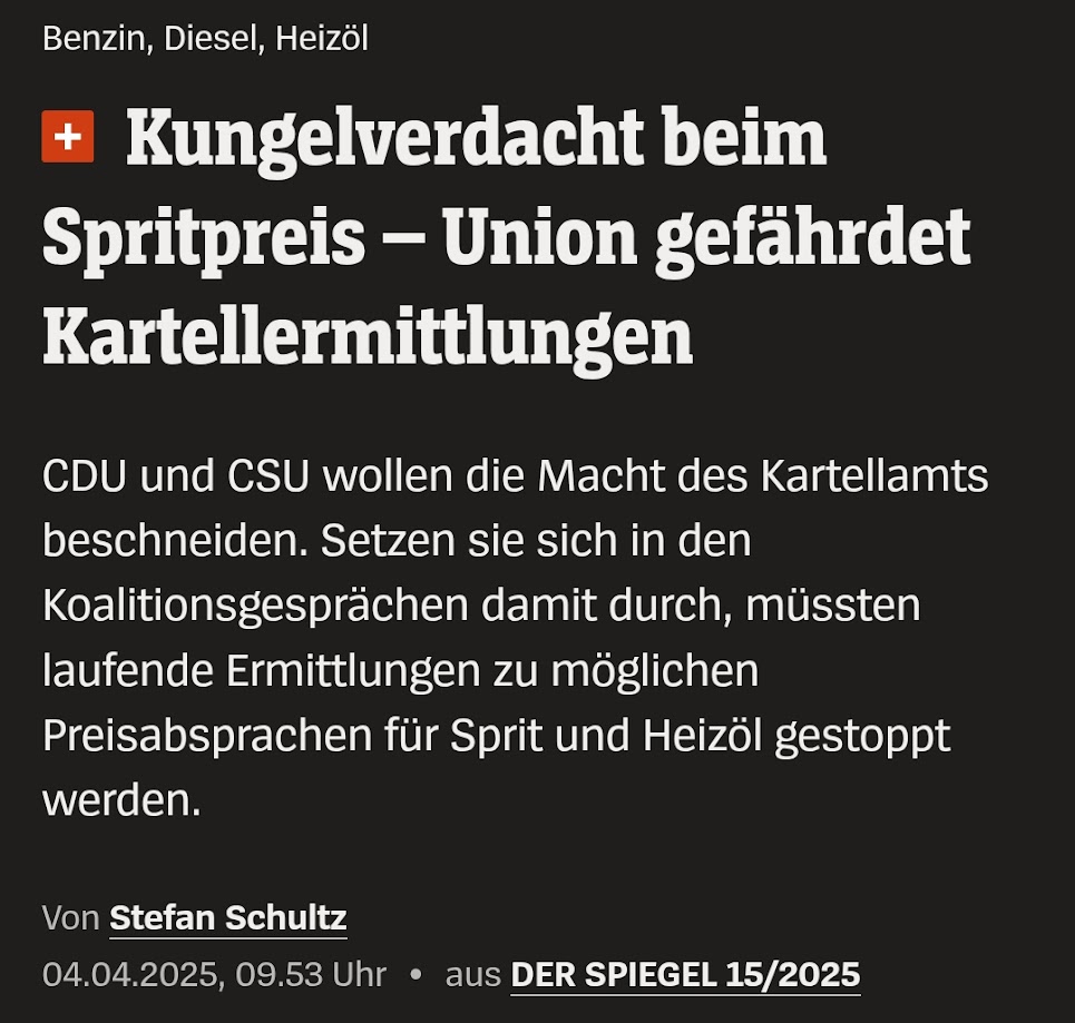 <a href="/Markus_Soeder/">Markus Söder</a> Wählerverarsche am Limit.

„CDU und CSU wollen in den Koalitionsverhandlungen durchsetzen, dass die Macht des Bundeskartellamts beschränkt wird. Das geht aus einem Dokument einer Arbeitsgruppe für den Bereich Wirtschaft, Industrie, Tourismus hervor. Setzen sich die Konservativen