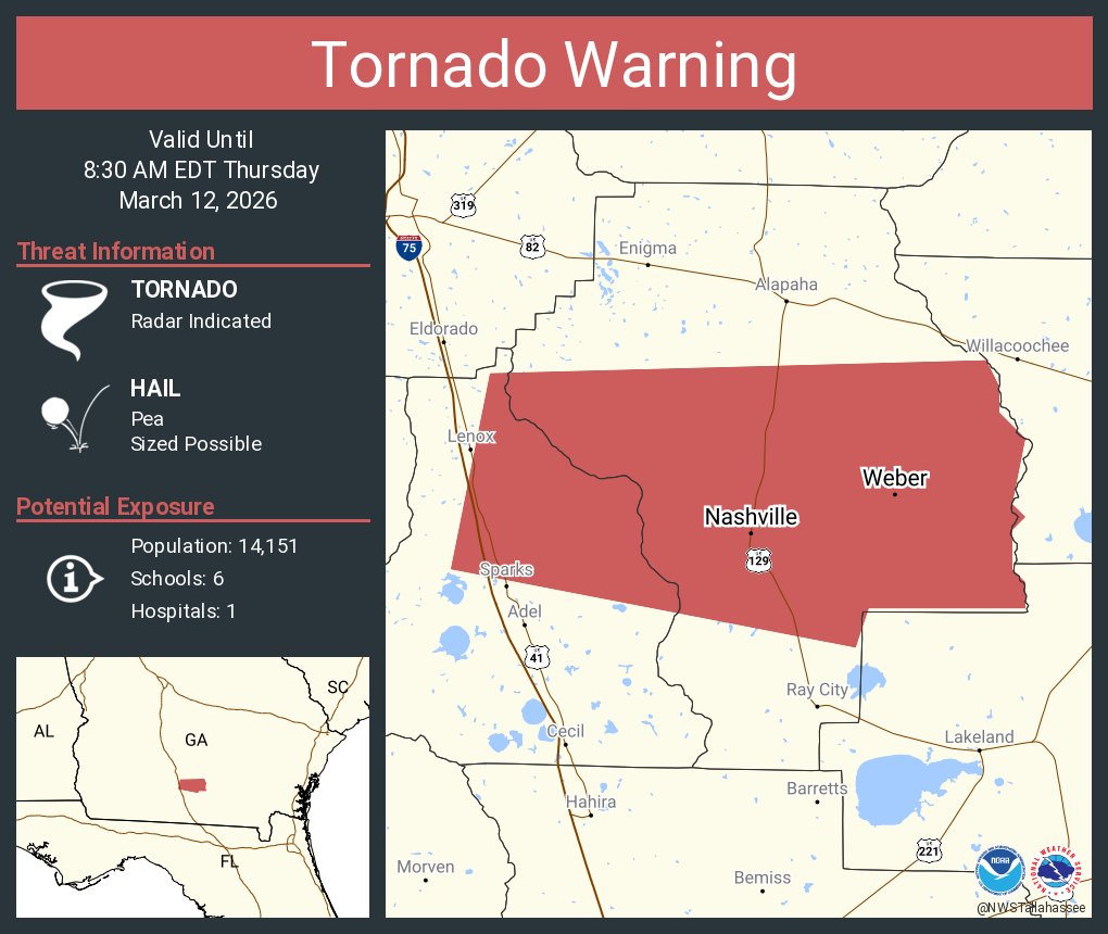 NWStornado: Tornado Warning including Nashville GA and  Weber GA until 8:30 AM EDT