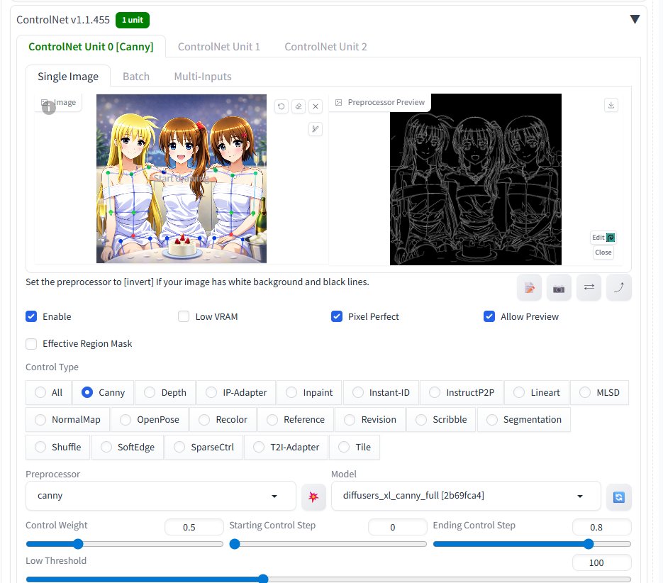 RB78842099's tweet image. Stable Diffusionでのポーズ変更でOpenPoseを使うのが一般的と言われているけれど、うちではControlNetを下げたCannyの方が成功率が高いでやんす

骨格をガチガチに固めるより輪郭のゆとりを残した方がキャラの造形が安定する気がする……🤔

#StableDiffusion #ControlNet #AIイラスト #AIart #Canny