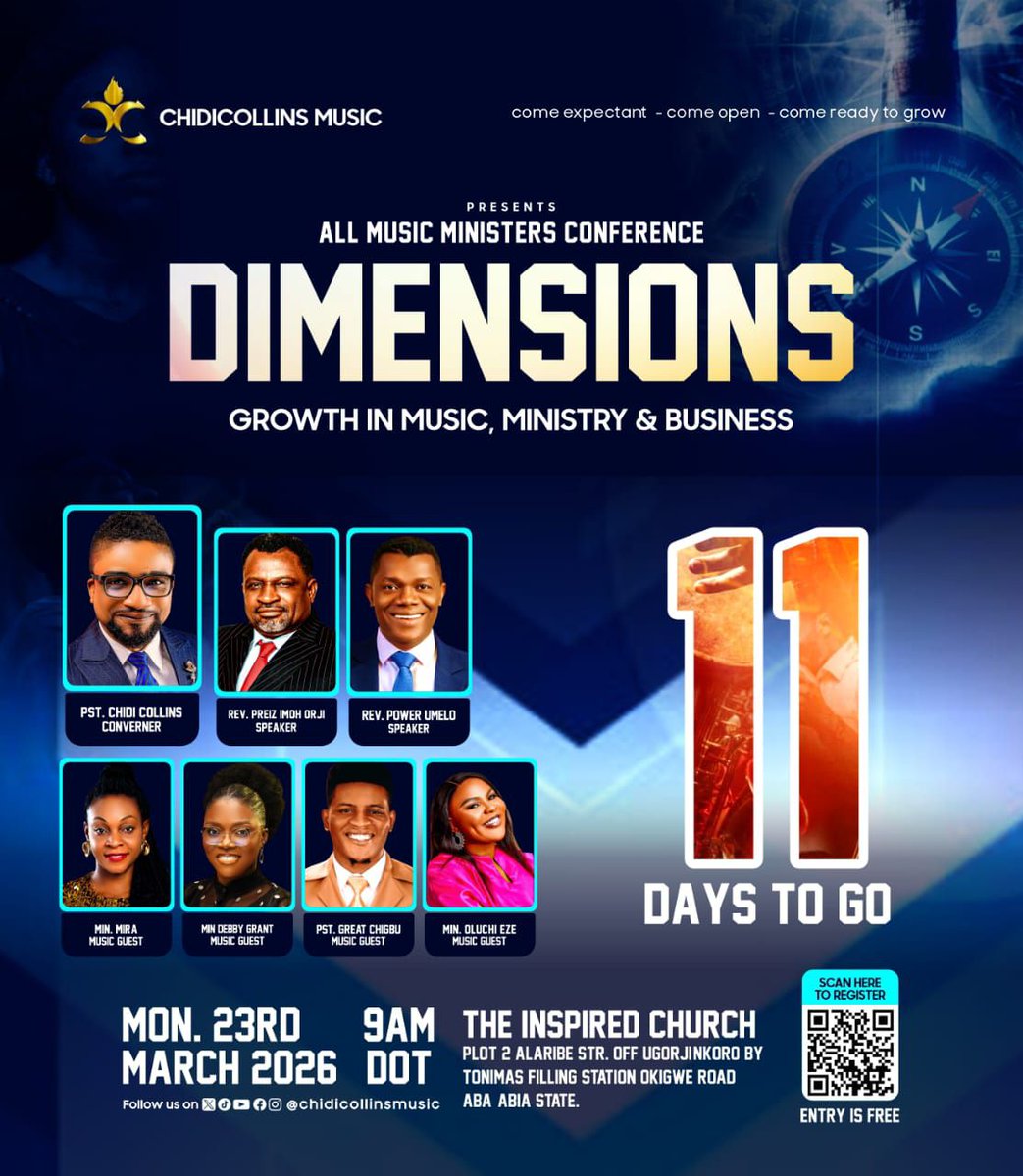 MinChidiCollins's tweet photo. The countdown keeps getting more exciting! Just 11 days until DIMENSIONS MUSIC CONFERENCE 2026 With PST Chidi Collins brings together passionate gospel ministers, instrumentalists, producers, and music enthusiasts for an unforgettable experience. https://t.co/O4JXgUSaVU