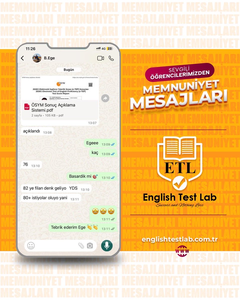 TestLabturkiye's tweet photo. 🎉 Gurur verici bir başarı!

Öğrencilerimizden EGE Electronic English Proficiency Test (E-TEP) sınavından 76 puan alarak yaklaşık 80+ YDS eşdeğerine ulaştı.

Disiplinli çalışma ve doğru strateji başarıyı getirir. Öğrencimizi tebrik ediyoruz! 👏

#EnglishTestLab #ETEP #YDS https://t.co/eTk9Z62Fv3