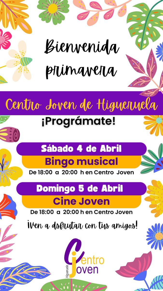 JovenHigueruela's tweet image. 🎉 ¡La primavera se vive en el Centro Joven de Higueruela!

Hemos preparado un programa de actividades para disfrutar, participar y compartir con amigos. 🙌

📅 Consulta el cartel y no te pierdas nada.
¡Te esperamos!
#Higueruela #CentroJoven #SemanaSanta #Juventud #OcioJoven