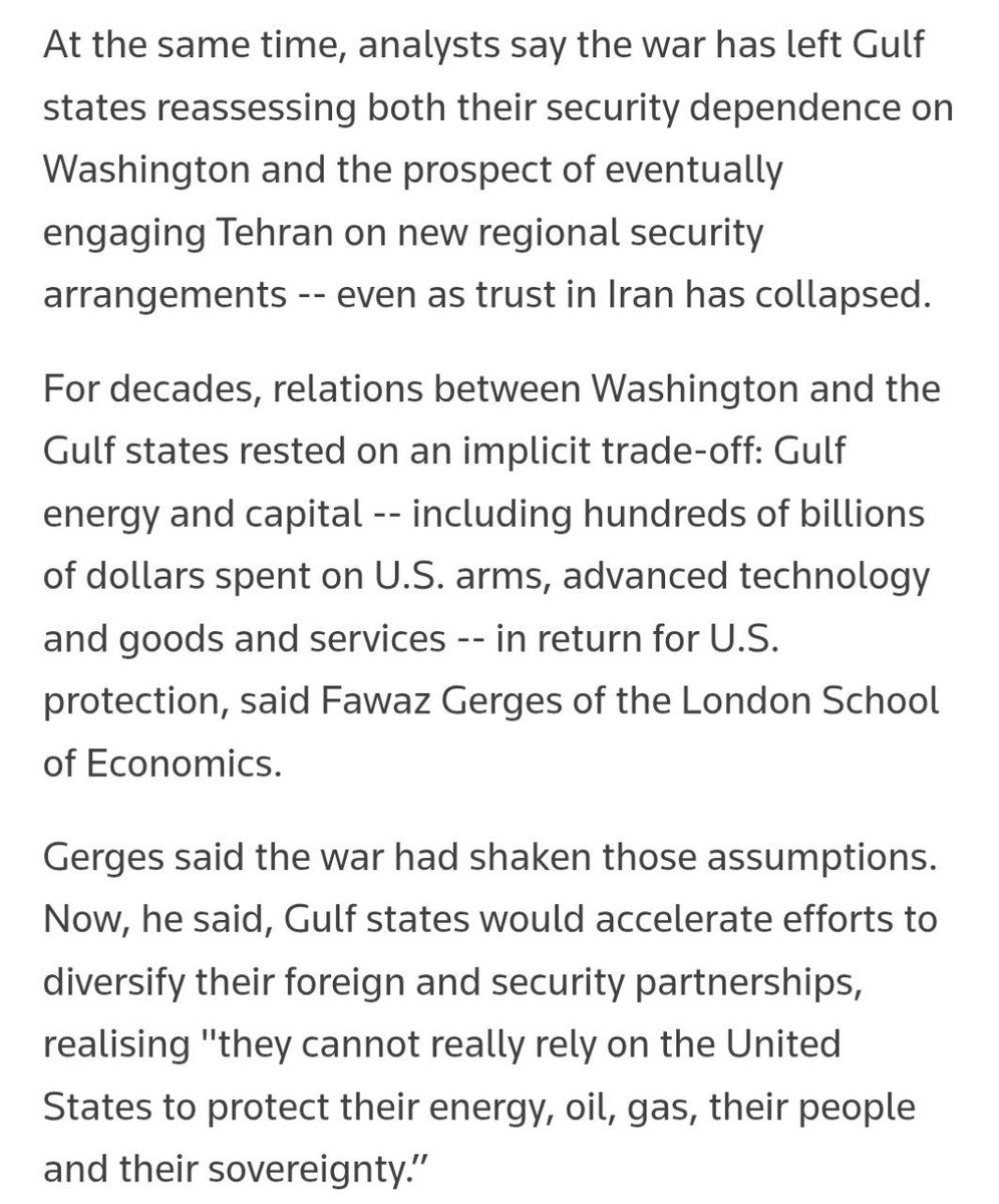 KeithWoodsYT's tweet photo. Trump's war on Iran is causing Gulf states to reassess their relationship with the U.S. and look to diversify their foreign partnerships:

"Many believe he dragged the Gulf into a war shaped heavily by Israel, without sharing a plan and acting hastily and without fully weighing the political and economic fallout for allies."

The U.S. is simply torching its diplomatic leverage for Israeli interests.