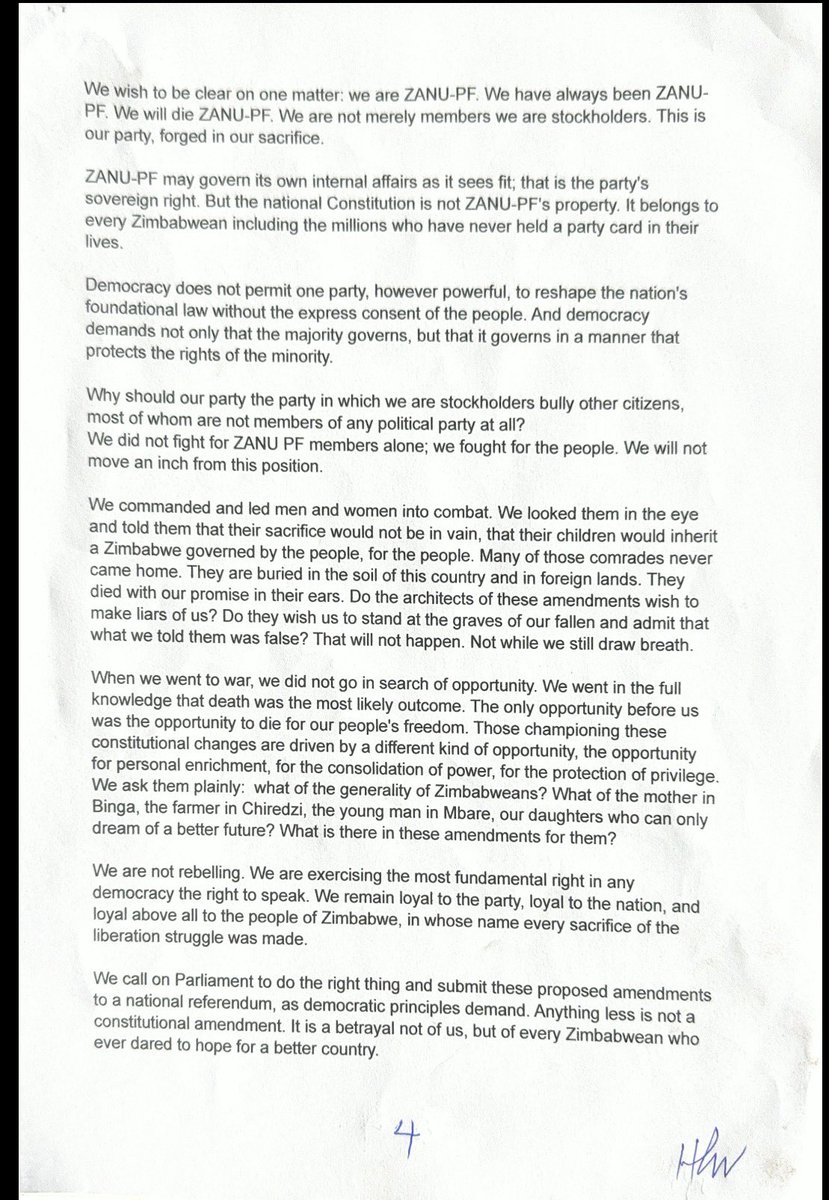 🔹This five-page document below 👇🏾 is the formal submission to the Parliament of Zimbabwe concerning the Constitution Amendment Bill-3. The document was signed by Air Marshal (Retired) Henry Muchena on behalf of many retired generals. 

🔸It was written as a collective position