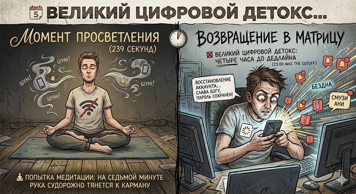 📵 Великий Цифровой Детокс: Как я удалил соцсети на целых... 340 секунд ☕️🚀

Помните это сладкое, пафосное чувство, когда ты принимаешь Решение? Всё, с меня хватит. Я выхожу из матрицы. 
Продолжение читать - t.me/schoolintegrit…