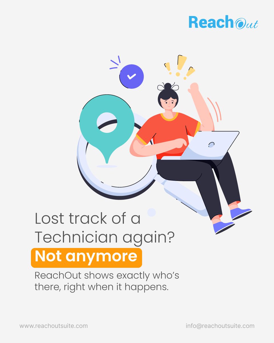 ReachOutSuite's tweet photo. Tired of losing track of technicians in the field? 
Missed updates, delayed jobs, and constant follow-ups waste time and slow down operations. 
With ReachOut, see exactly where your team is in real time, track job progress instantly.
👉 https://t.co/lNlMc1qjCu

#FSMSoftware https://t.co/iYSKTIHQlM