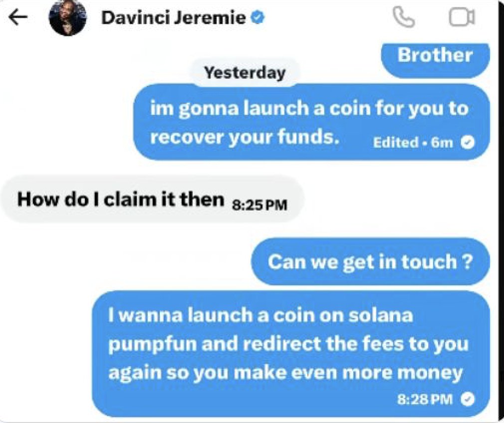 1DollarSol's tweet photo. it has come to our attention that @Davincij15 and @Abdullah_TecOfc purposely minted and launched a copycat $1 with intent to rug it 

it turns out Abdullah knew Davinci Jeremie prior to the launch, and allegedly owed him money. The fees collected from the copycat $1 were designed to be repayment for the debt.

this is not speculation, this is information directly pulled from a private DMs posted  by @Abdullah_TecOfc and presented to the fake "$1" community as proof that @Davincij15 was involved in the project 

➡️which then sent the coin's marketcap to $300k. 

as with most newly minted coins backed by CT influencers, it was rugged

the disappointing aspect for us is that @Davincij15 was an early supporter of the OG "$1" community & CTO. our coin's name "just buy $1 worth of this coin" pays homage to the lore of "just buying $1 worth of bitcoin" 

this is a reminder for all of CT that fee claims from influential characters alone means nothing and often gives MORE incentive to rugpull everyday trenchers

we hope to see meaningful progress because the continued extraction by those who are trusted breaks down the fabric of the memecoin ecosystem...

onwards & forwards 💸

$1 on Solana -
the dollar they can't print

wallet profits source: @dethective