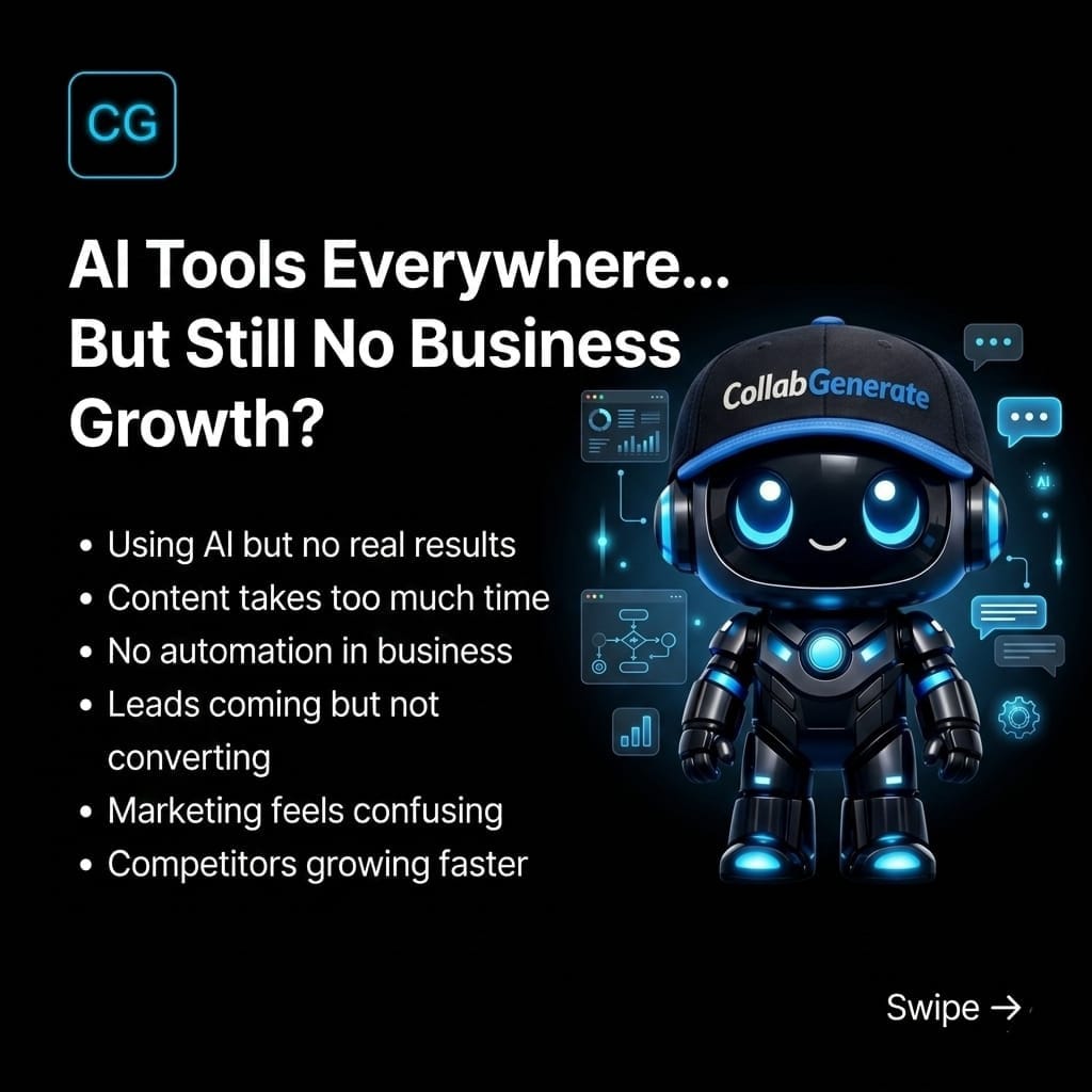 CollabGenerate's tweet photo. The 2026 AI Paradox: Everyone has the tools, but few have the growth.📉📈

Tools are commodities. Systems are your competitive advantage. If your AI isn't booking meetings or closing deals, it’s just overhead.

✅ Stop Tool-Hopping. 
✅ Start System-Building.

#CollabGenerate #AI https://t.co/thPSE9VExW