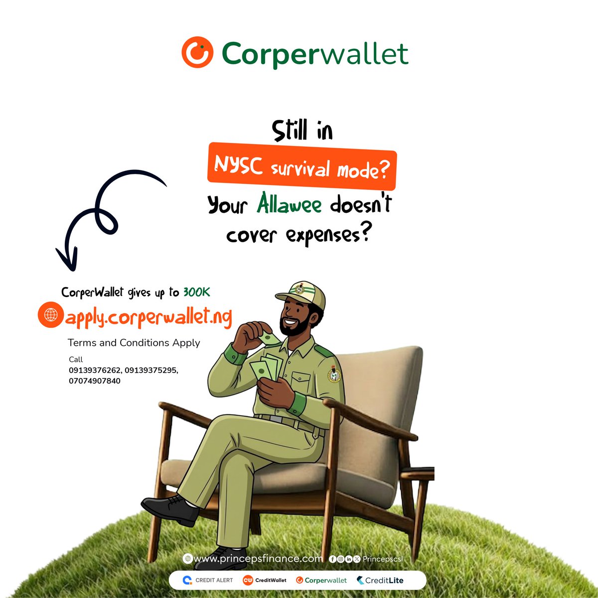 corperwallet's tweet photo. Still in NYSC survival mode?

When your allawee can’t cover all the bills, CorperWallet has your back.

Get access to up to ₦300,000 to help you settle in during your service year.
Apply now: https://t.co/JbJ1hqo0wW

Tag a corper that needs this!
#CorperWallet #CorperLife https://t.co/jZId2I5qDX