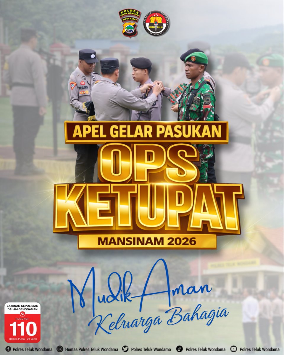 PolresTW's tweet photo. Apel gelar pasukan Operasi Ketupat Mansinam-2026 Polres Teluk Wondama

#opsketupatmansinam2026 
#mudikamankeluargabahagia 
#polriuntukmasyarakat
#polrihumanis
#polripresisi 
@38setia 
@humas_poldaPB 
@DivHumas_Polri 
@ListyoSigitP 
@prabowo https://t.co/QKXA2m1cwQ