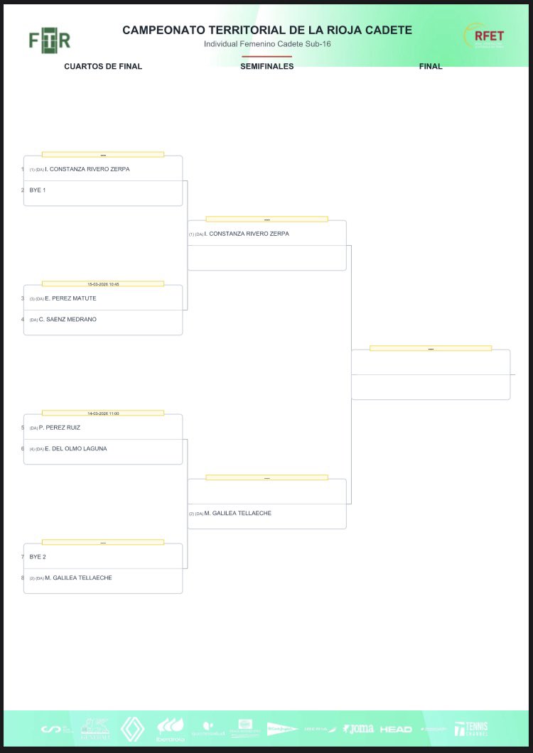 Ya podéis consultar los cuadros y orden es de juego de este fin de semana del Campeonato Territorial Alevín y Cadete. Toda la información en nuestra página web. SUERTE A TODOS!!!!
#abrazatealtenis
