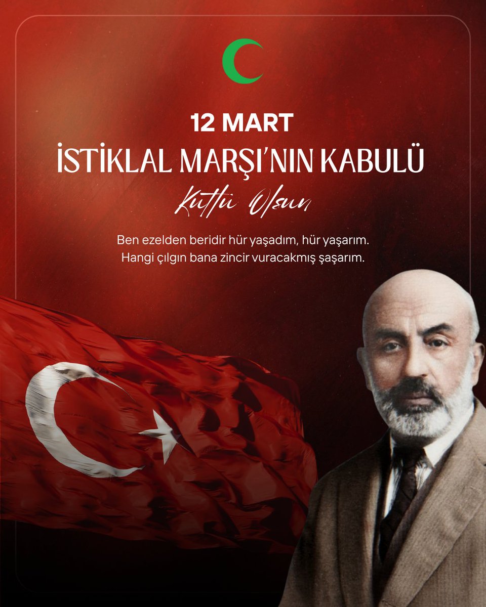 Hakkıdır hür yaşamış bayrağımın hürriyet!
Hakkıdır Hakk'a tapan milletimin istiklâl!🇹🇷

İstiklal Marşı’mızın kabulünün 105. yıl dönümünü kutluyor, Millî Şairimiz Mehmet Akif Ersoy’u ve İstiklal Mücadelemizin tüm kahramanlarını saygıyla, rahmetle ve minnetle anıyoruz.

#Yeşilay