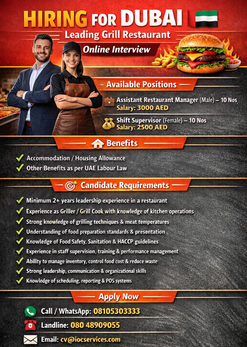 iocsgroup's tweet image. Join our vibrant grill restaurant team in Dubai! 
#RestaurantManager
#AssistantRestaurantManager
#ShiftSupervisor
#RestaurantSupervisor
#QSRJobs
#FastFoodJobs
#RestaurantJobs
#HospitalityJobs
#HospitalityCareers
#FoodServiceJobs
#RestaurantManagement