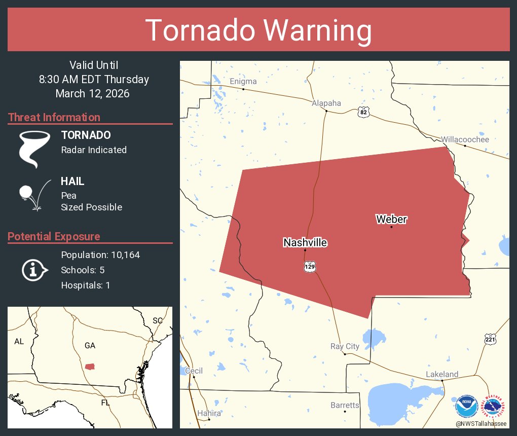 NWStornado: Tornado Warning continues for Nashville GA and  Weber GA until 8:30 AM EDT