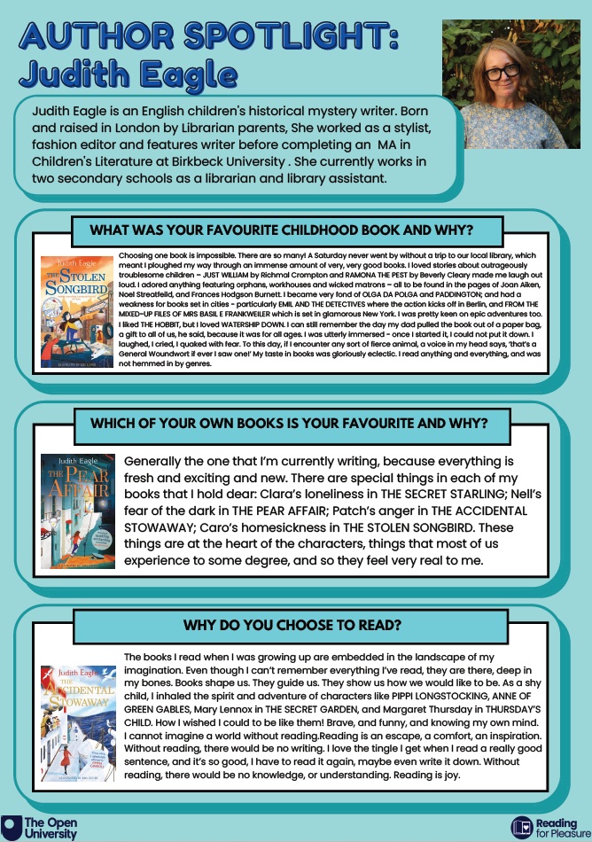GeorgeSalterAc's tweet image. Our next author spotlight is historical mystery writer Judith Eagle! 📚 As a child, Judith loved stories about outrageously troublesome children like ‘Just William’ by Richmal Crompton! 😃 #ReadingisFun #ReadingforPleasure