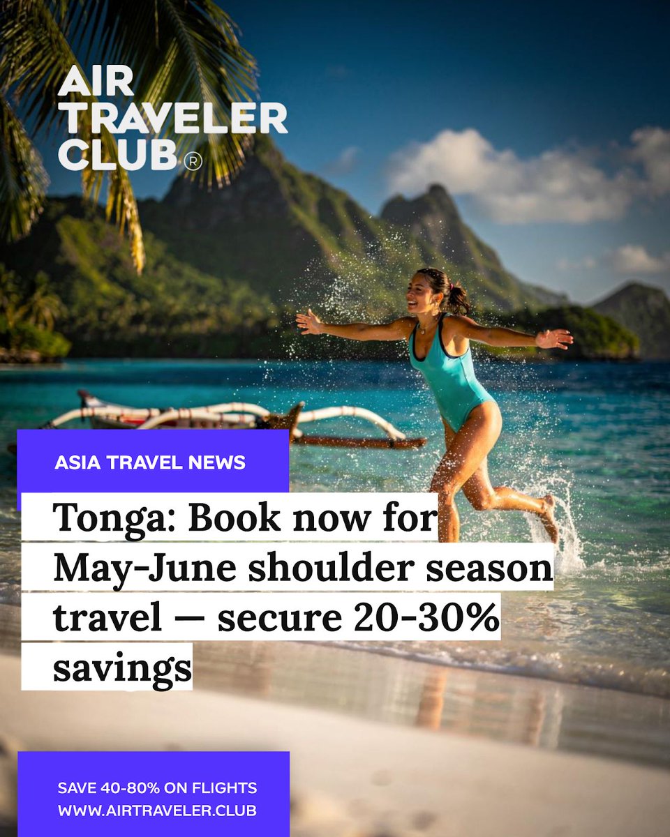 tiket2's tweet photo. "Tonga fares from Auckland drop 20-30% in May-June 2026! Save $100s vs. peak season.
Book in the next 30 days before tour operators block seats. Avoid July's whale season crowds & higher prices.
#TongaTravel #FareAlert" https://t.co/YTuIqU1DZ7
