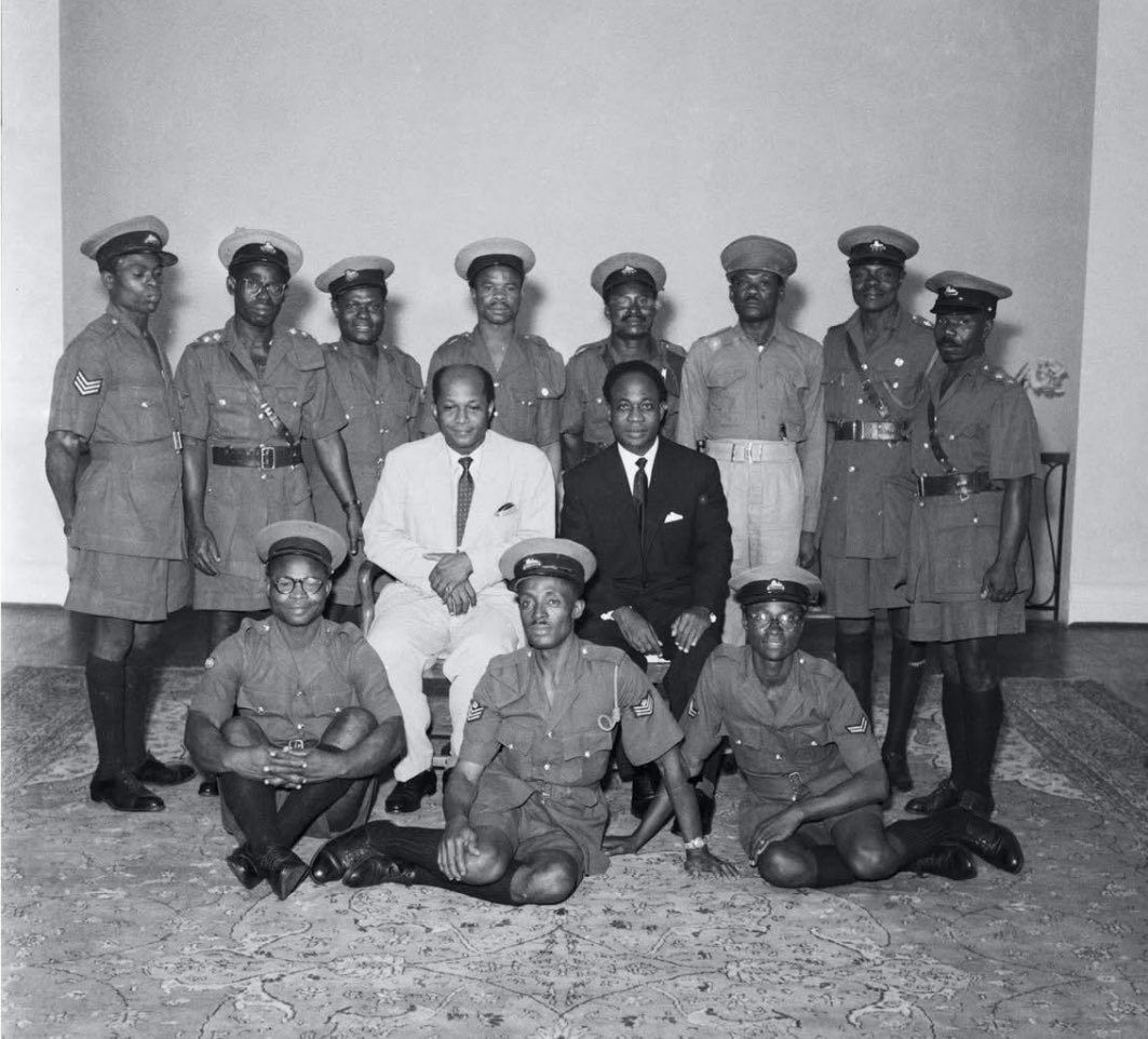 Kwame Nkrumah and his dispatch riders at the Osu Castle, Accra.

On his right is Komla Agbeli Gbedemah, his then right hand man. They later became foes.