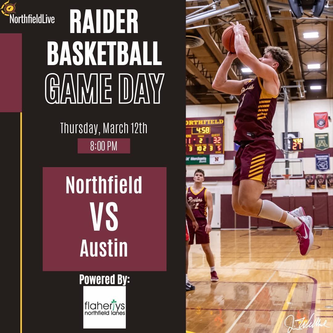 Class 3A Section 1 Tournament Championship 

⁦<a href="/HoopsAhs/">Austin Packers Boys Basketball</a>⁩ 🆚<a href="/NorthfieldHoops/">Northfield Raiders Boys Basketball</a> 
📍Rochester, MN
🏫Rochester Mayo Civic Center 
🕗8 P.M. Varsity
📻KYMN 95.1 FM 
💻<a href="/NorthfieldLive/">Northfield Live</a>