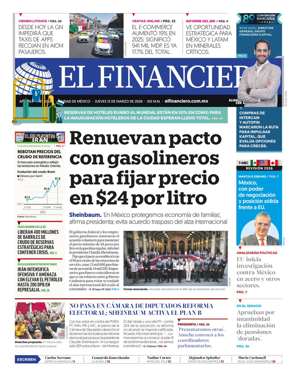 Esto y más, en <a href="/ElFinanciero_Mx/">El Financiero</a> de este jueves 👇🏼
📍Renuevan pacto con gasolineros para fijar precio en $24 por litro
📍No pasa en Cámara de Diputados reforma electoral; Sheinbaum activa plan B
📍Rebote en precios del petróleo, pese a anuncio de liberar 400 mdb de reservas