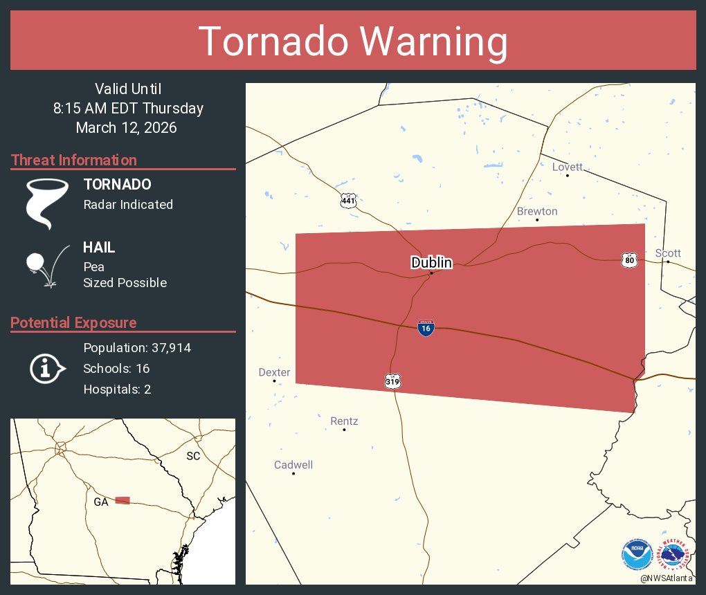 NWStornado: Tornado Warning continues for Dublin GA and  East Dublin GA until 8:15 AM EDT