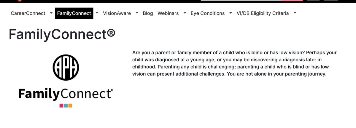 parentcenterhub's tweet image. #FamilyConnect by American Printing House for the Blind is a free online resource for families of children who are #Blind or have #LowVision—offering practical guidance on #Education, #DailyLiving, #AssistiveTech &amp;amp; #EmotionalSupport
aphconnectcenter.org/familyconnect/